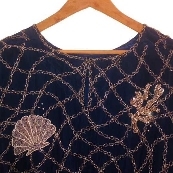 Vintage HARRISON MORGAN Sz 1X Women's Navy Silver Pearl Beaded Seashells Blouse - Picture 9 of 10